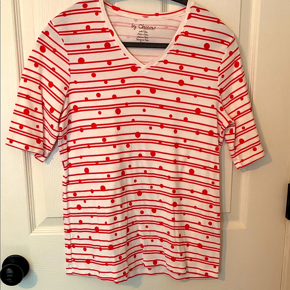by Chicos stripes and polka dot v-neck tee.